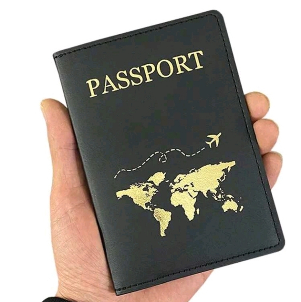 Black Passport Holder Faux Leather Cover with Gold World Map